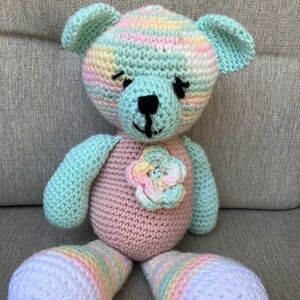 Pastel crochet teddy bear. 17” tall.